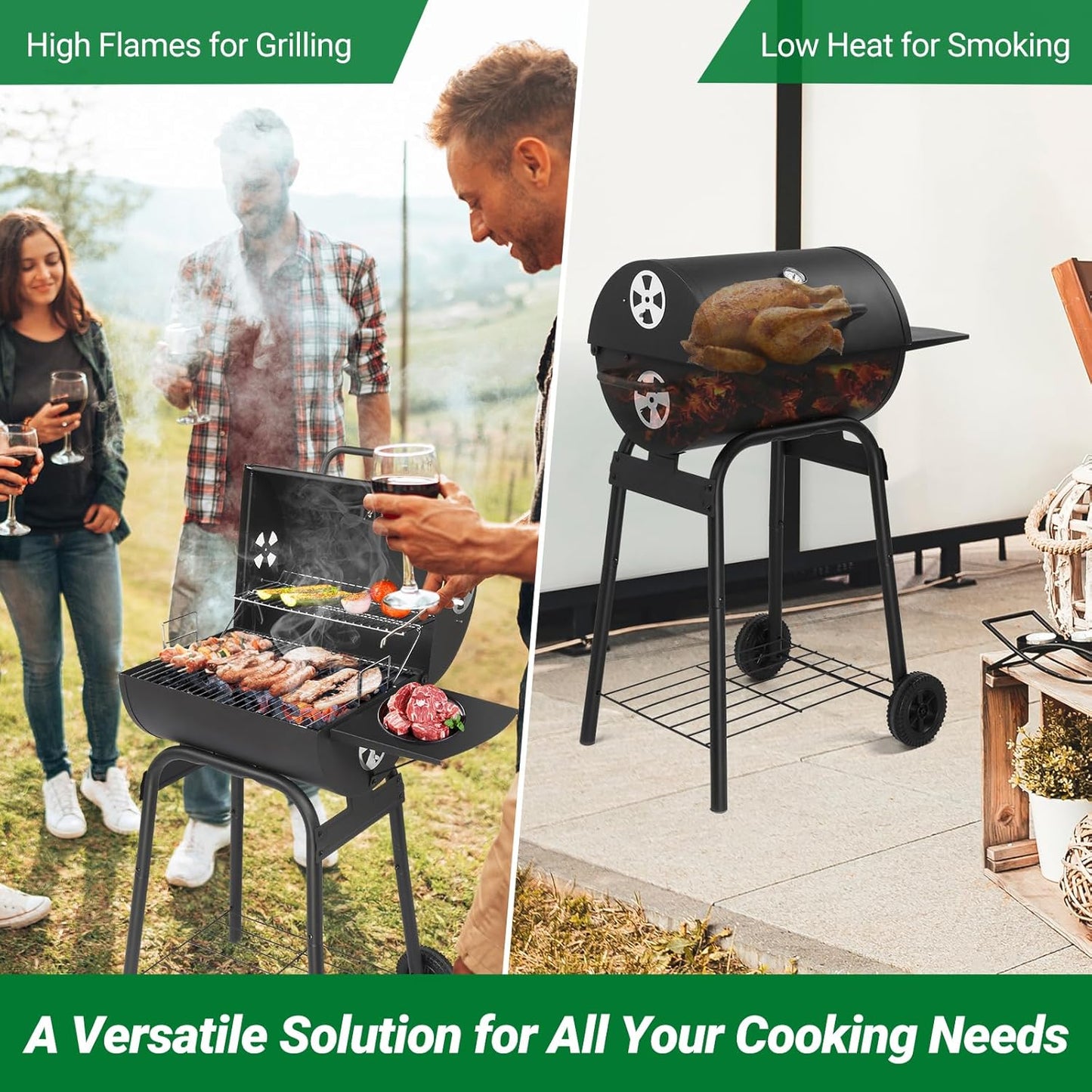 VINGLI Barrel Charcoal Grill with Side Table, BBQ Grill Outdoor Smoker Grill with Wheels for Party Garden Patio and Backyard Cooking