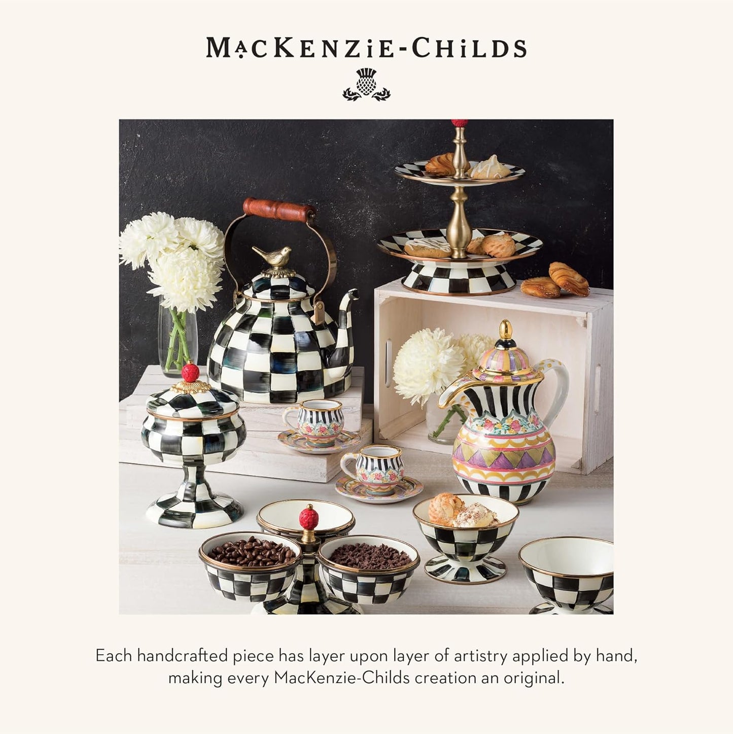 MACKENZIE-CHILDS Enamel Garden Pot, Planting Pot for Plants and Flowers, Small, Black-and-White Courtly Check