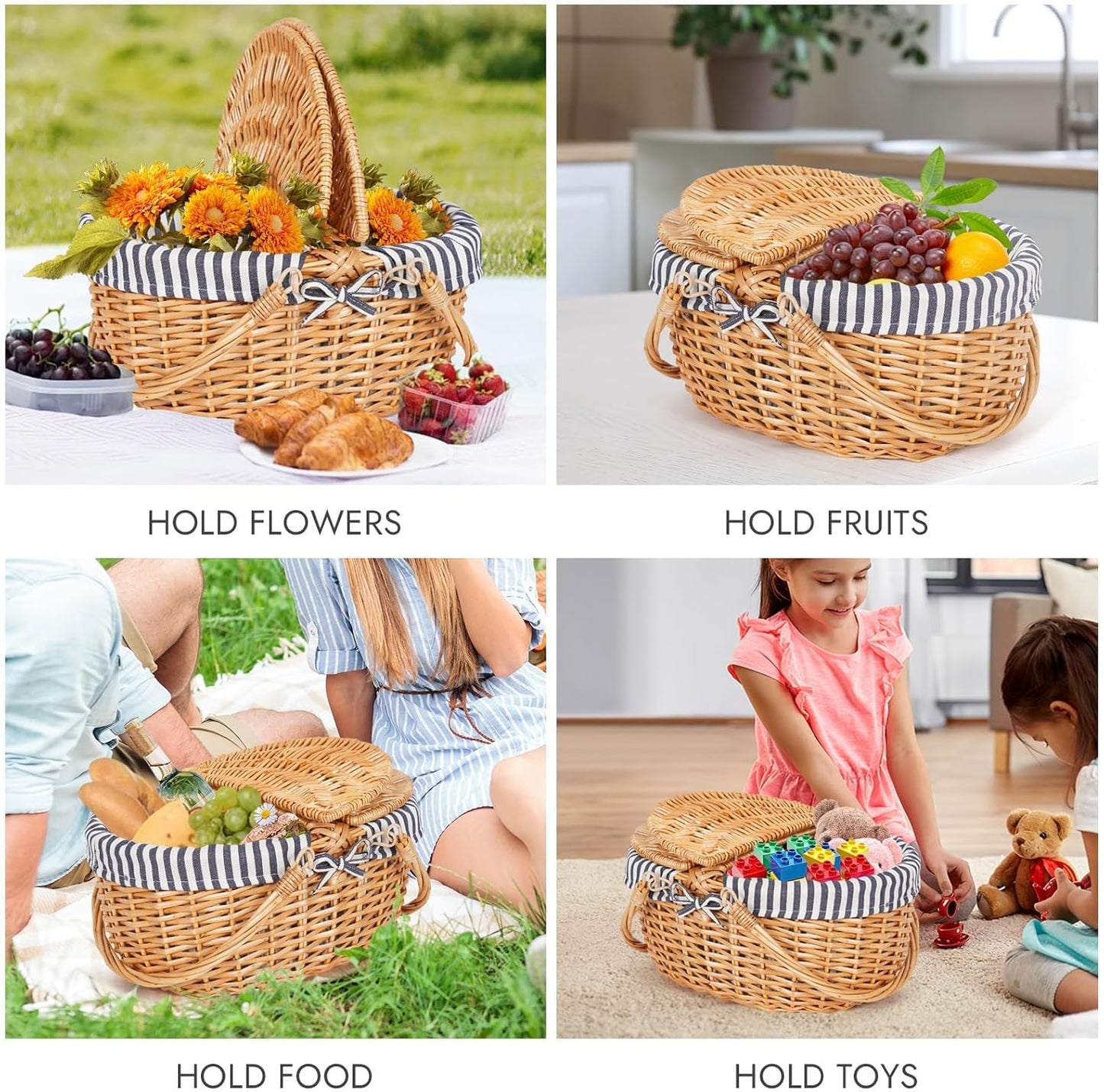 Happypicnic Wicker Picnic Basket with Handle, 15" Large Empty Picnic Basket with Lid & Removable Liner, Vintage Hand Woven Basket for Picnics, Camping, Veg Picking, Mother'S Day, Thanksgiving (Stripe)