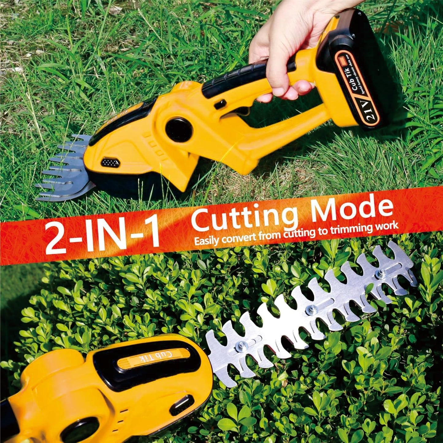 Hedge Trimmer Cordless with Battery and Charger 21V Electric Brush Grass Shrub Trimmer 2 in 1 Handheld Mini Grass Shears Grass Cutter Battery Powered Hedge Trimmer Yellow
