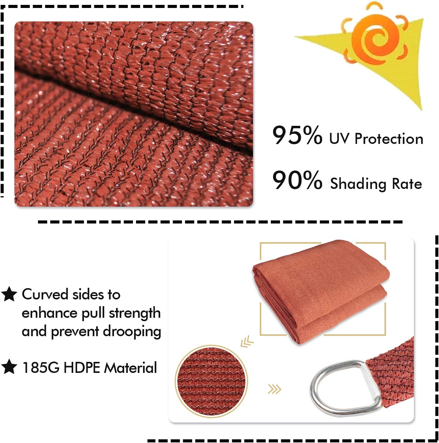 KANAGAWA Sun Shade Sail 15'x15'x21' Rust Red Triangle UV Block Canopy Cover for Patio Backyard Lawn Garden Outdoor Activities