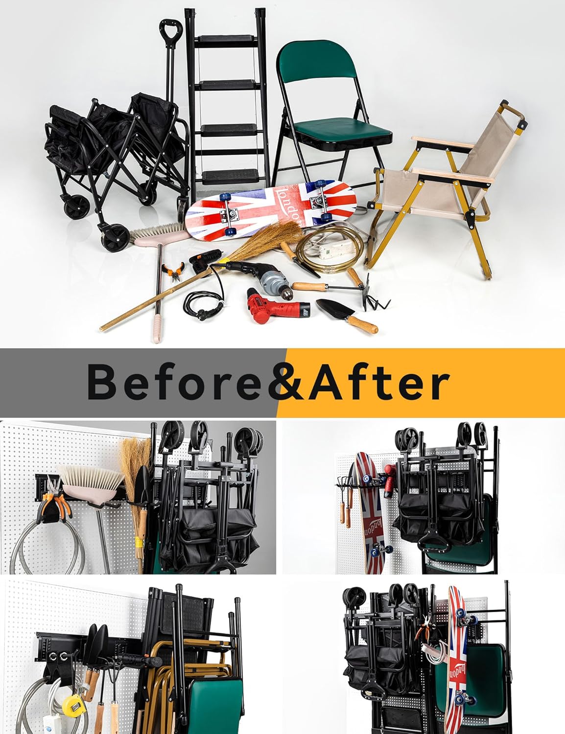 Wall Mount Garden Tool Organizer - 48 Inch Max Load 539lbs, Garage Storage with 7 Heavy Duty Hooks and 4 Cable Ties, Power Tool Organizer Rack