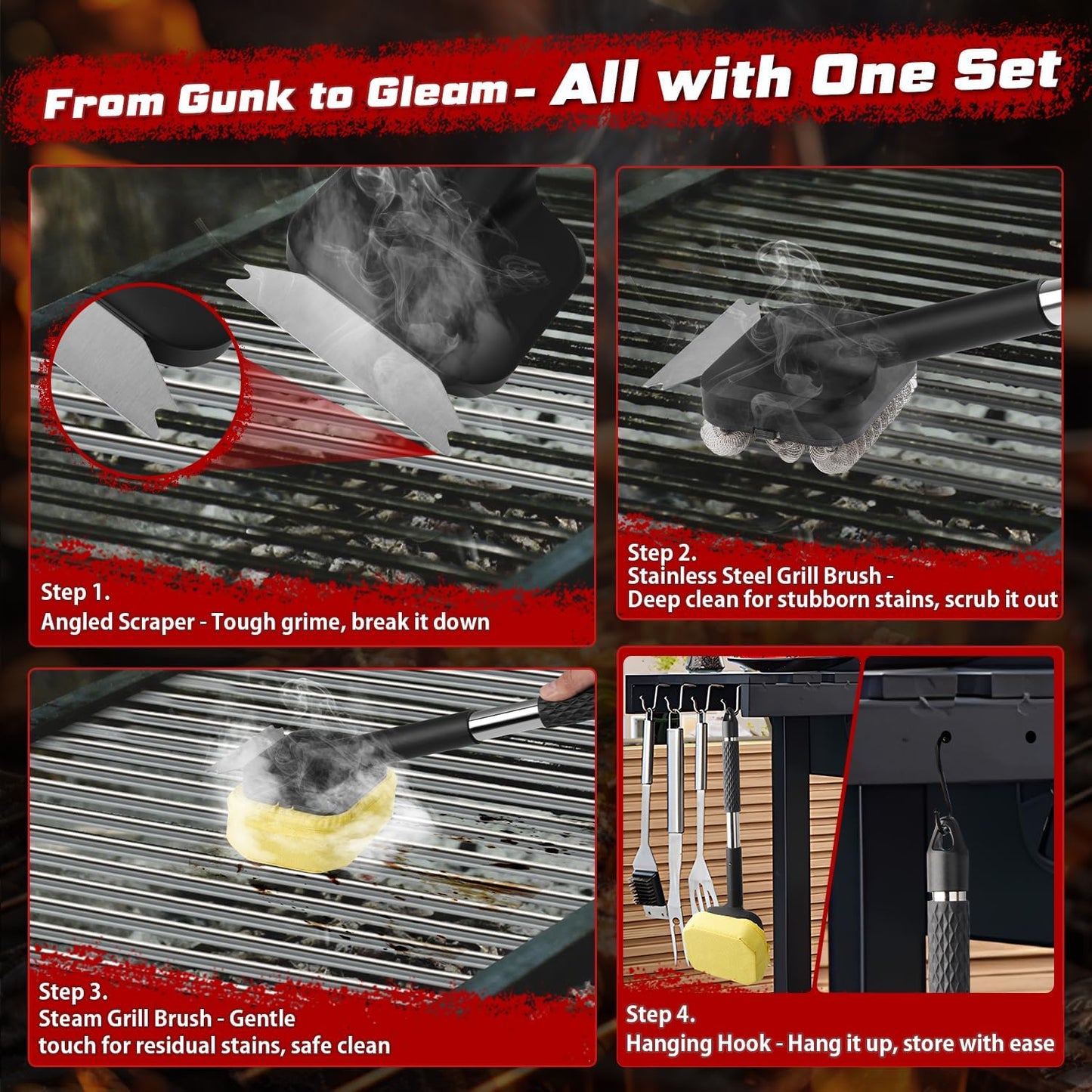 Grill Brush, Full Clean with One Set- Goldusk 19" Safe Replaceable Stainless Steel Grill Brush + Scraper + Bristle Free Steam Grill Brush for Outdoor Grill Accessories BBQ Brush Barbecue Gifts for Men