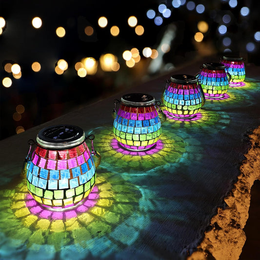 Cooo 2 Pack Mosaic Solar Lantern Outdoor Waterproof IP68 Hanging Projection Light Hidden Lid Pear-Shaped Lantern with Rope Handle Solar Powered Auto On for Patio Garden Fence Table - Neon Mosaic