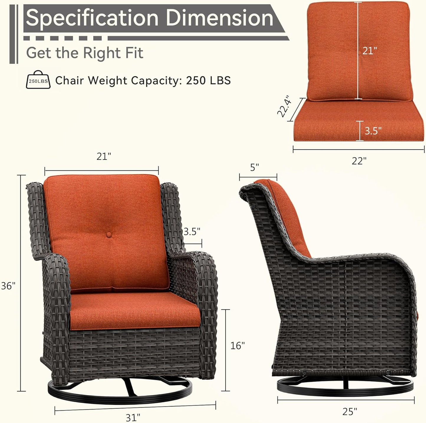 Outdoor Swivel Rocker Patio Chair - Outdoor Wicker Patio Chair with Olefin Fabric Cushions, Suitable for Backyard Deck and Porch, Orange