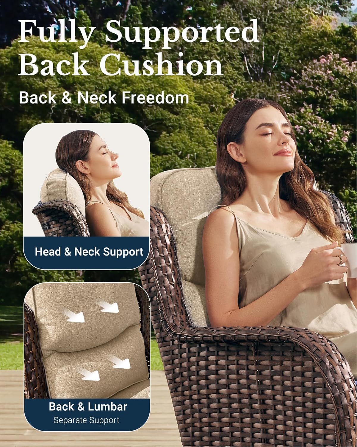 HILLGA Luxury Patio Furniture Set with 6-inch Thick Cushion, Outdoor Couch and High Back Swivel Rocker Patio Chairs, 10PCS Wicker Conversation Set for Deck Yard and Poolside, Beige (V2)