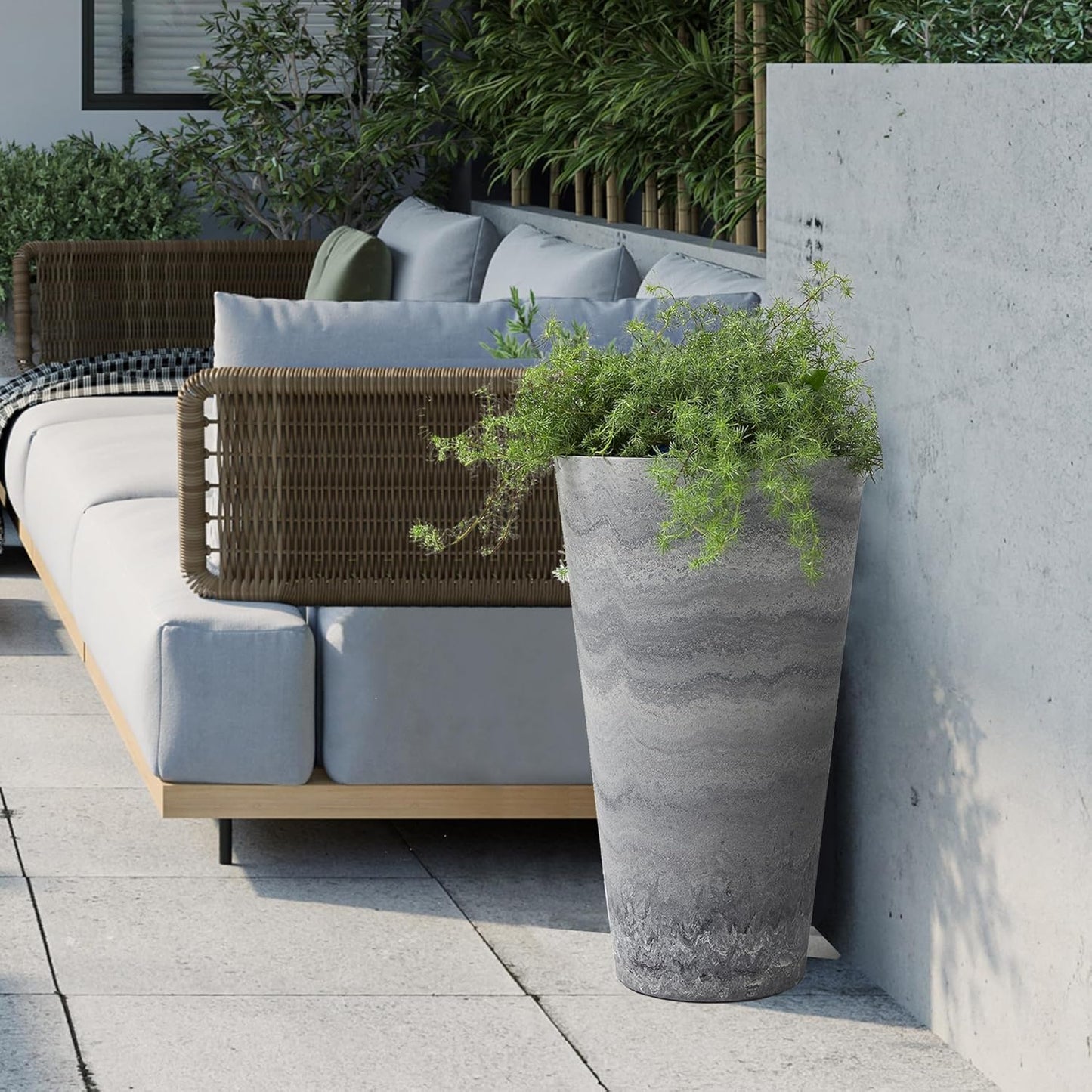 Worth Garden 2-Pack Grey Matte Texture Round Tapered Planter - 24.5" H. Tall Plastic Plant Pots with Drain Hole for Indoor Outdoor - Modern Decorative Flower Pots for Front Porch, Patio, Deck