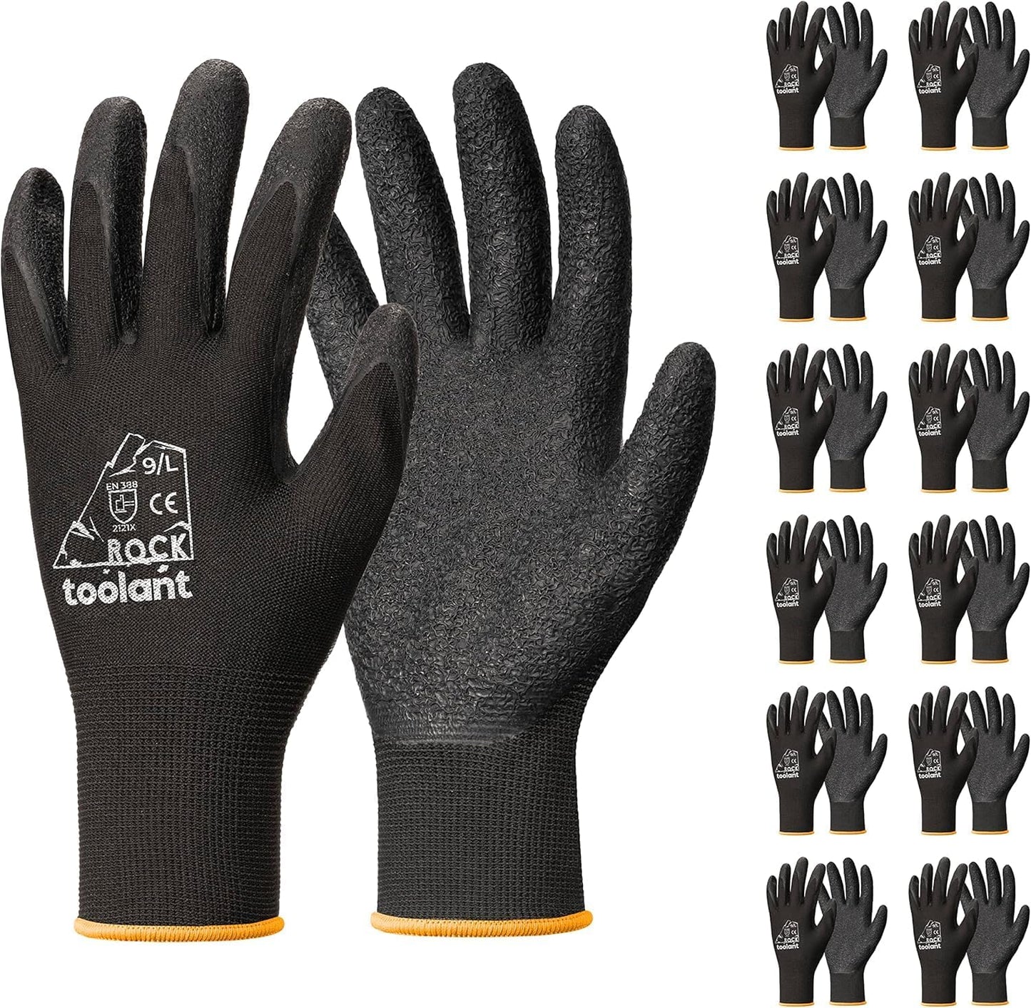 toolant Crinkle Latex Work Gloves Bulk, Rubber Coated Safety Work Gloves for Men and Women, 12 Pairs for Construction, Gardening, Warehouse (Black, XXL)