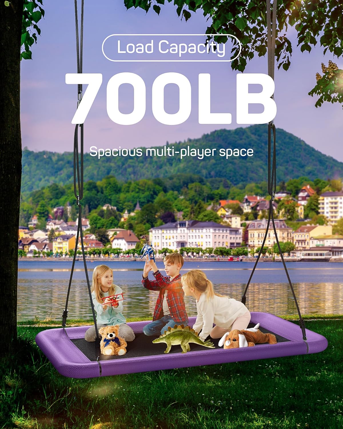 Tree Swing for Kids and Adults, 60" Waterproof Rectangle Platform Swing, 700lbs Heavy Duty with Adjustable Straps, Purple