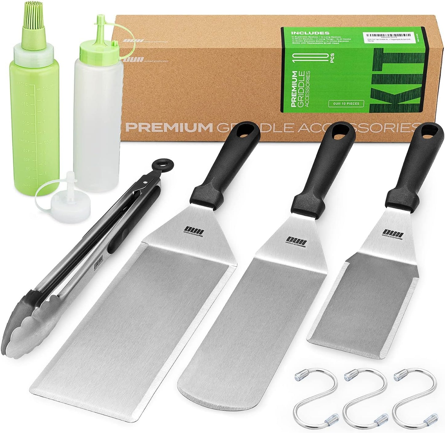 Griddle Accessories Kit for Blackstone and Camp Chef - 6 Pieces Griddle Spatula Set with 4x8 Inches Supersize Griddle Flipper, Turner, Metal Spatulas, Bottles & Hooks for Hibachi Grilling