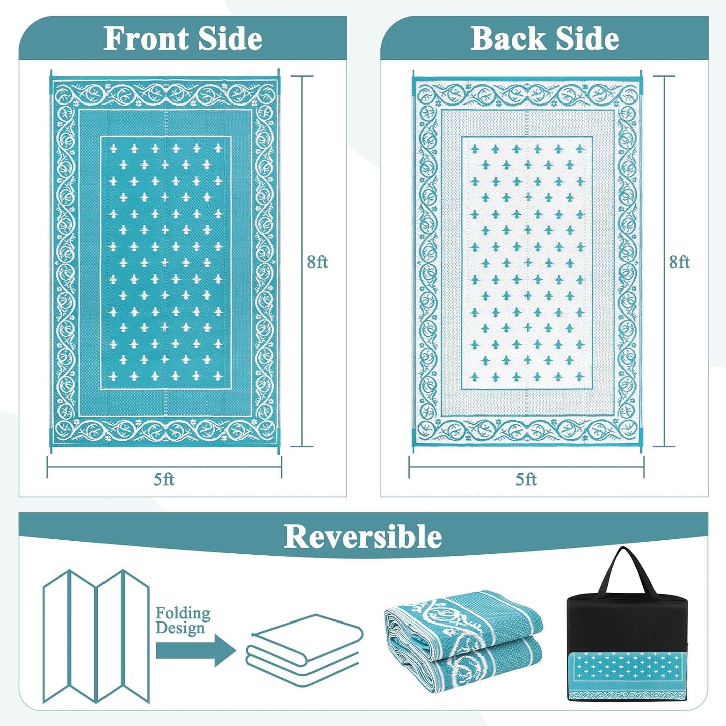 Pauwer Waterproof Outdoor Rug 9x12, Reversible Plastic Straw Patio Camping Rug, Indoor Outdoor RV Mat Carpet for Deck, Camper, Porch, Balcony, Backyard, Picnic, Bordered Teal