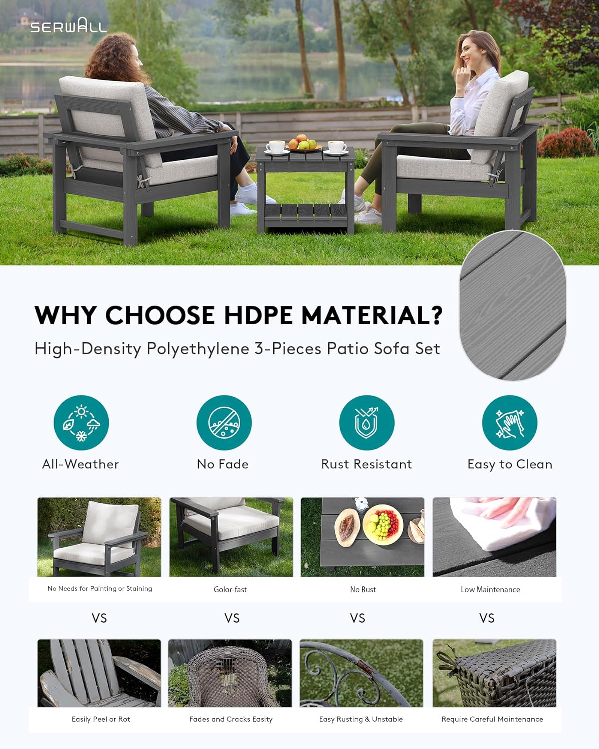 SERWALL HDPE Patio Sofa Set, 3-Piece Sectional Outdoor Furniture Set, All Weather Outdoor Couch Set Patio Furniture Set for Deck, Lawn, Grey Frame with Khaki Cushion