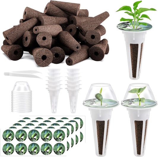 125 Piece Hydroponic Pods Kit: Grow Anything with 50 Grow Sponges, 12 Baskets, 12 Domes, 50 Labels, 1 Tweezer - Compatible with All Hydroponics Brands