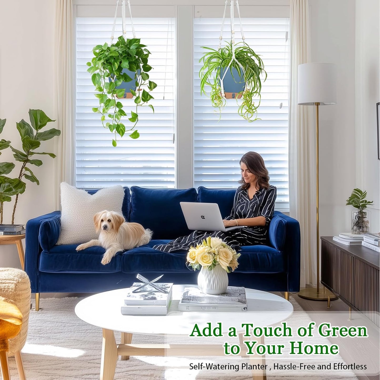 Hanging Planters for Indoor Plants 8 Inch, 2 Pack Hanging Baskets for Plants, Self Watering Hanging Flower Pots with Drainage Hole & 2 Kinds of Plant Hangers for Garden Home Decor (Navy Blue, 8 inch)