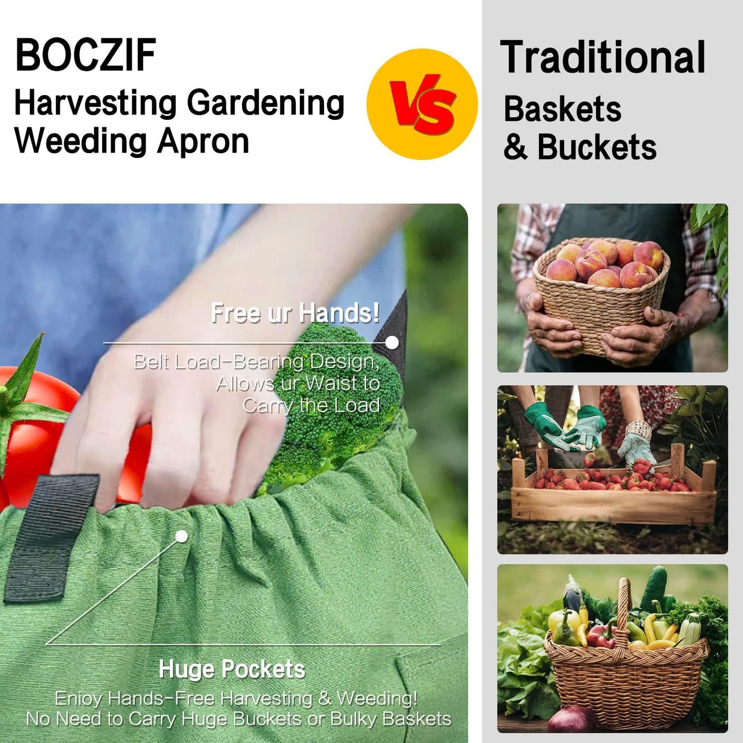 Boczif Gardening Apron with Pockets, Garden Harvest Apron, Perfect for Weeding, Vegetables, Fruits, Berry Picking, Gathering Eggs Herb, Garden Tool Organizer Waist Belt for Gardeners Women Men