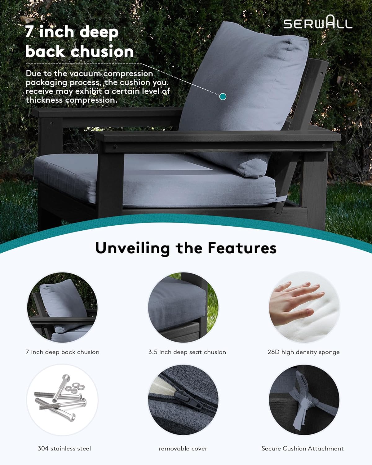 SERWALL HDPE Patio Furniture Set, 7-Piece Outdoor Sectional Sofa Set, All Weather Outdoor Couch Set for Deck, Lawn, Black Frame with Grey Cushion