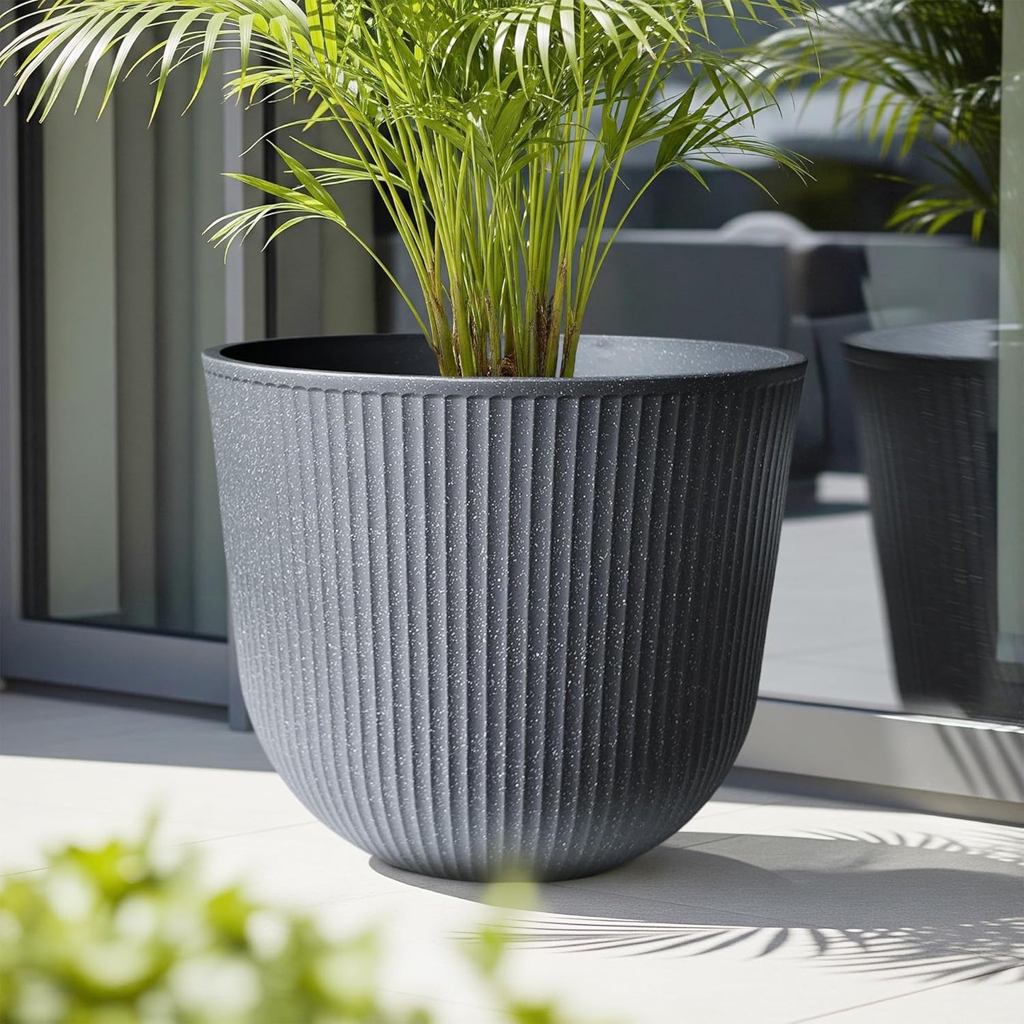 WORTH Garden Round Large Planter Pot 1-Pack - 17.5" Dia x 15.5" H - Durable Plastic Grey Plant Tree Pots with Vertical Stripe Textured Finish, Drainage Hole for Indoor, Outdoor, Front Porch, Patio