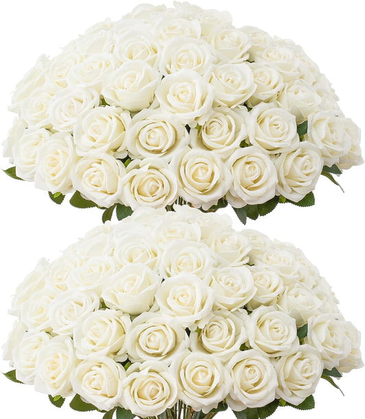 50 PCS Fake White Roses, Artificial White Flowers Bulk Realistic Silk Faux Roses with Stems for Wedding Decorations Table Centerpieces Bridal Bouquet DIY Floral Arrangement Event Party Home Decor