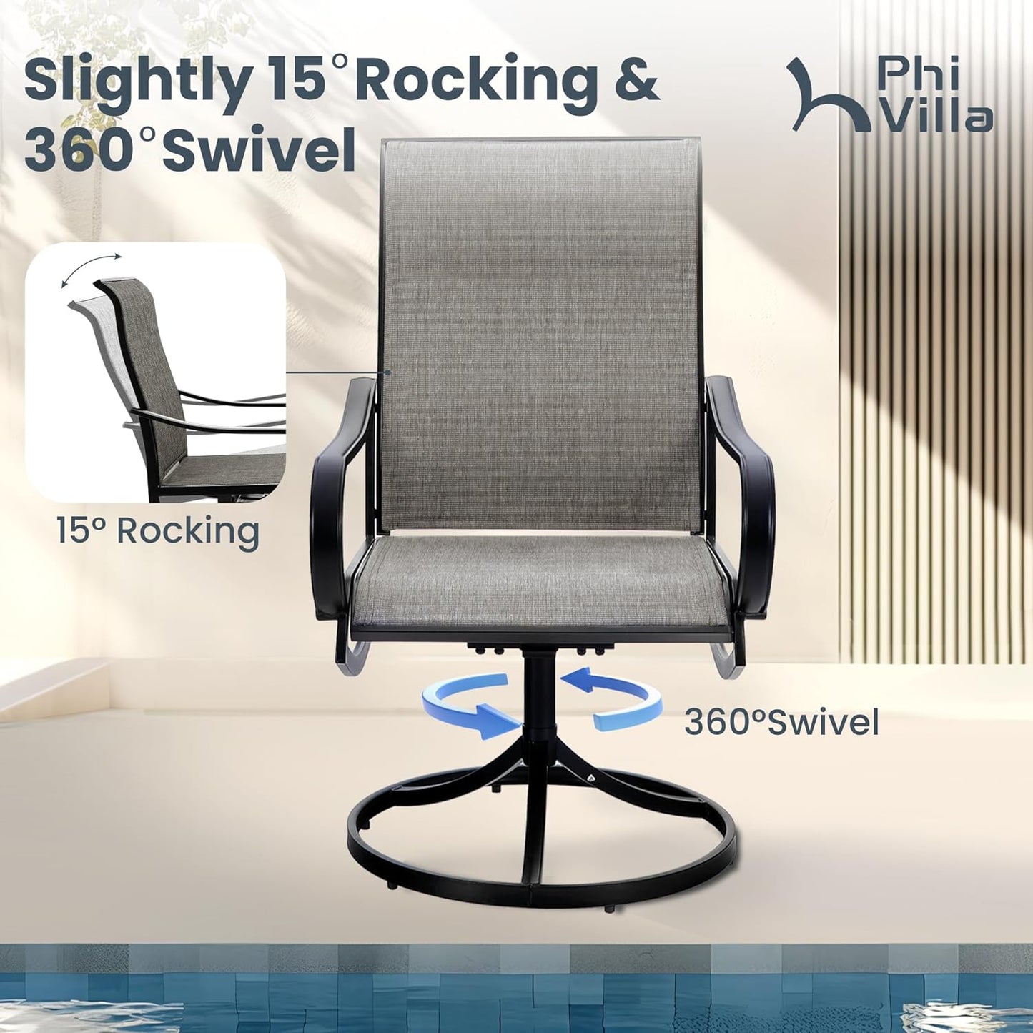 PHI VILLA Patio Swivel Dining Chairs Set of 8, Outdoor Metal Chair with Textilene Mesh Fabric, Gentle Rocker Chair, Black Frame for Deck Lawn Garden