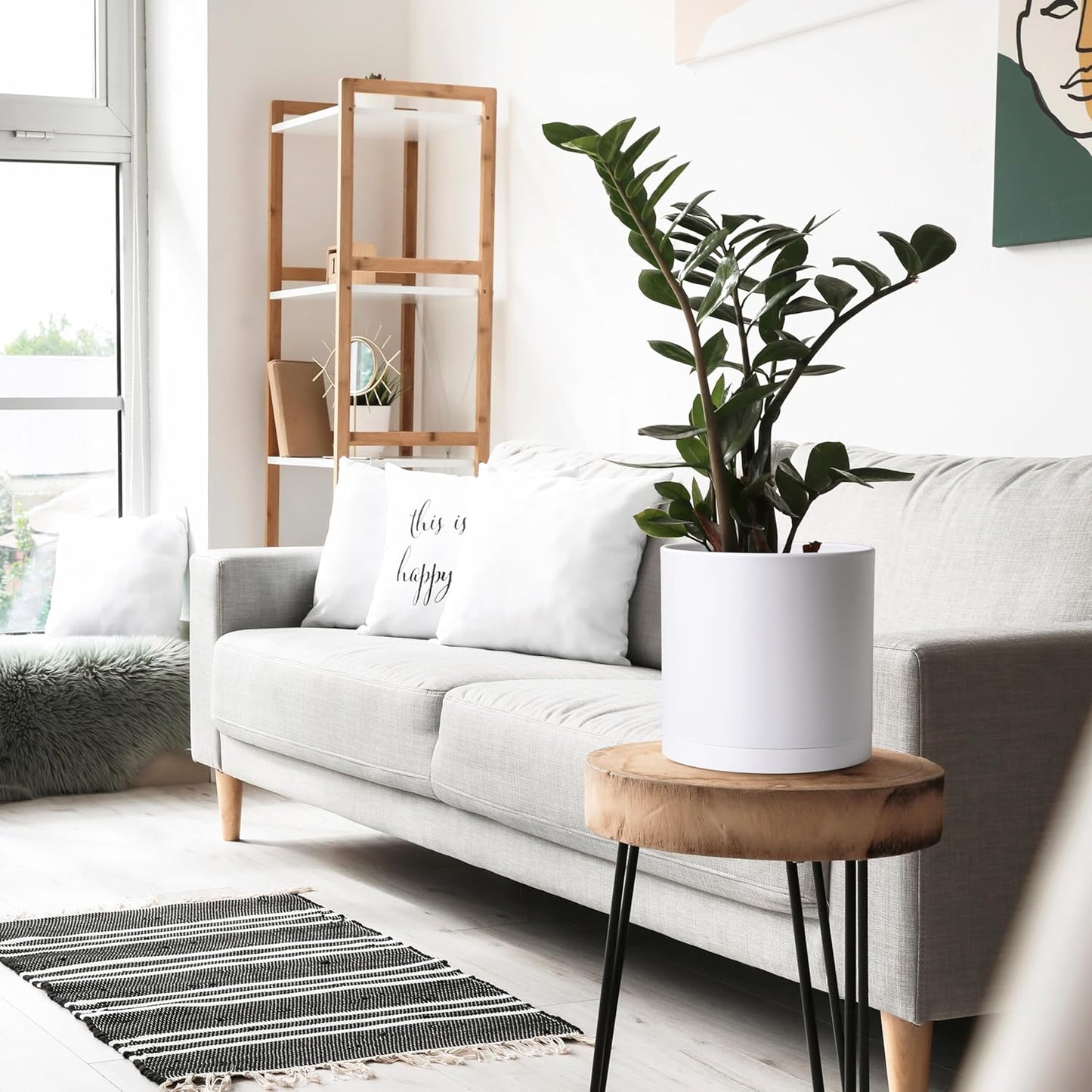 D'vine Dev 2 Pack 10 Inch Modern Plastic Plant Pots, Small Garden Planters for Plant with Drainage Holes and Saucers, White Color, 74-Z-N-1