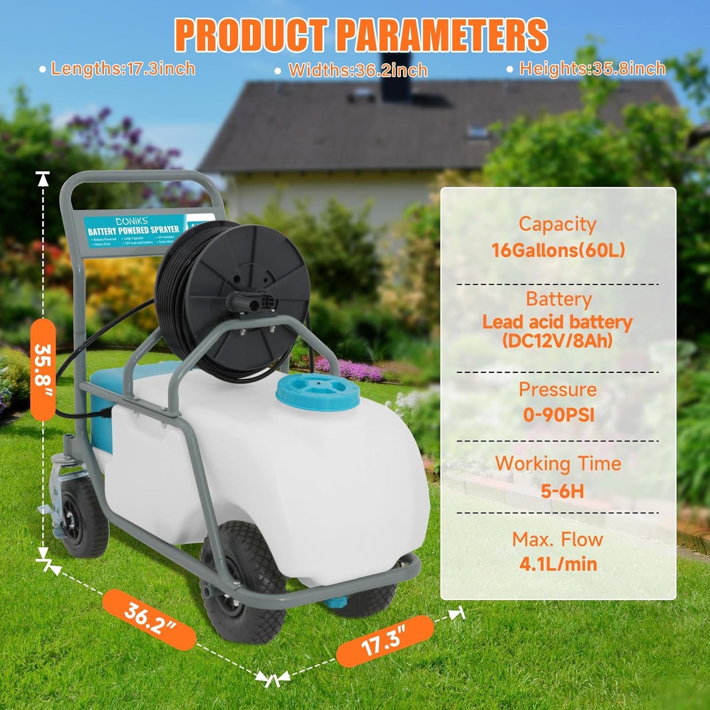 16 Gallon Battery Powered Sprayer with Wheeled Cart,0-90PSI,5-6h Spray Time,164FT Hose with Reel,Adjustable HD Wand and 10 Nozzles, Rotating Wheels with Brake for Lawn & Garden Spraying,Cleaning