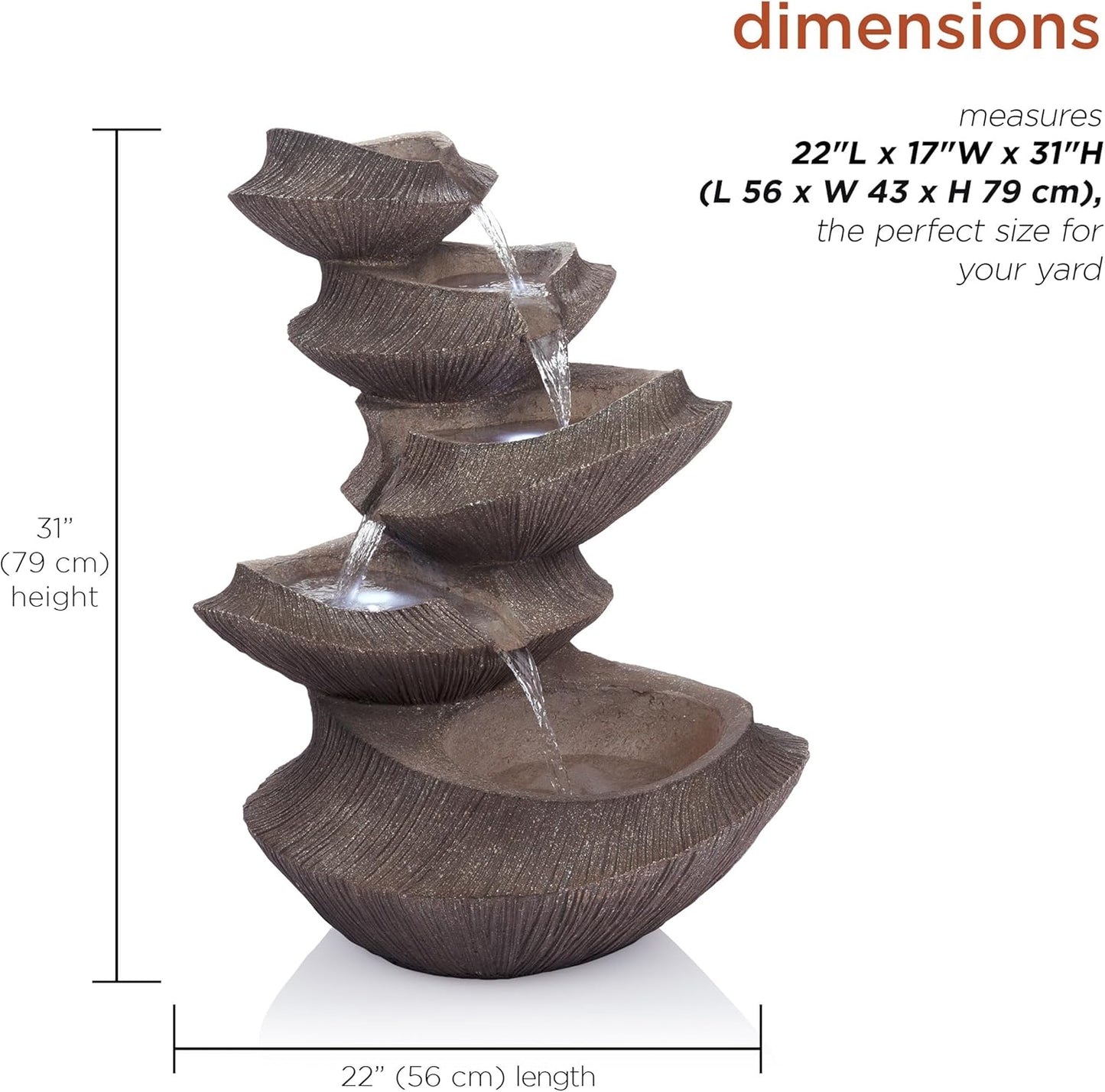 Alpine Corporation WIN1332L-BR Outdoor Floor Tiered Basin Fountain with LED Lights, Modern Basin Garden Fountain 31", Brown