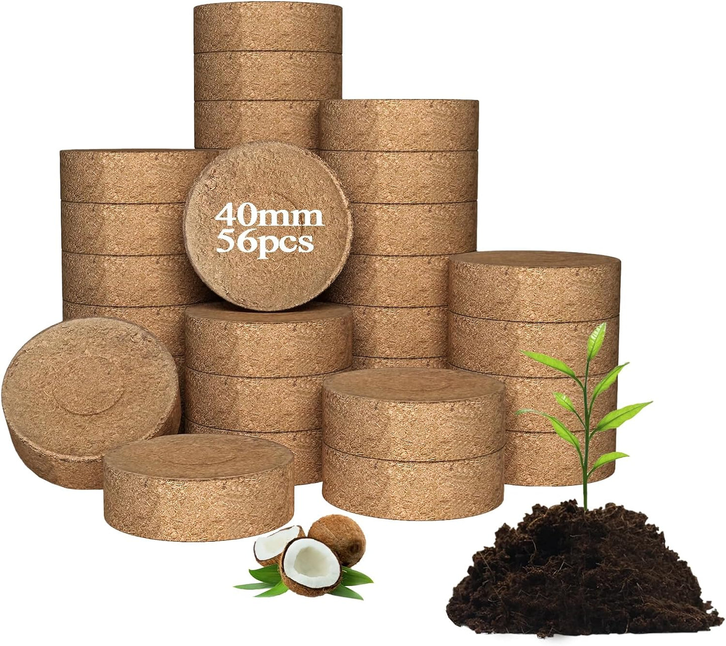 56 Pcs 40mm Compressed Coconut Coir Potting Soil,Coco Coir Pellets for Plants,Coco Fiber Pellets for Planting, Garden, Bonsai, Vegetables & Flower