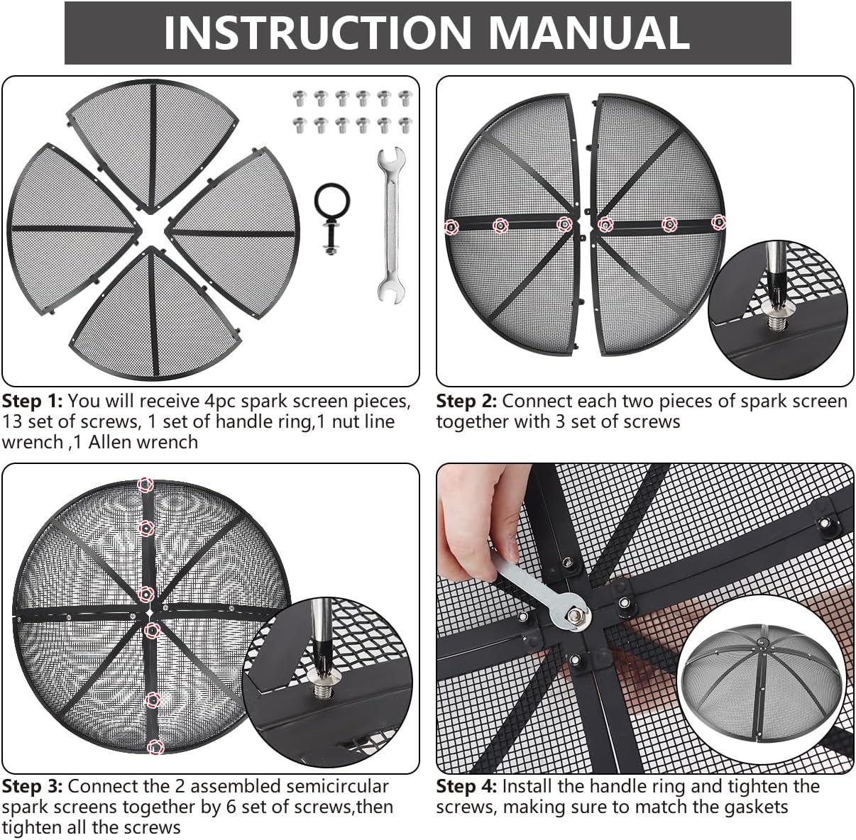 Fire Pit Spark Screen, Fire Pit Screen 30 Inch Round with Handle & Poker, Collapsible Heavy Duty Mesh Fire Pit Cover Fire Pit Lid for Outdoor/Patio/Backyard/RV Camping/Beach