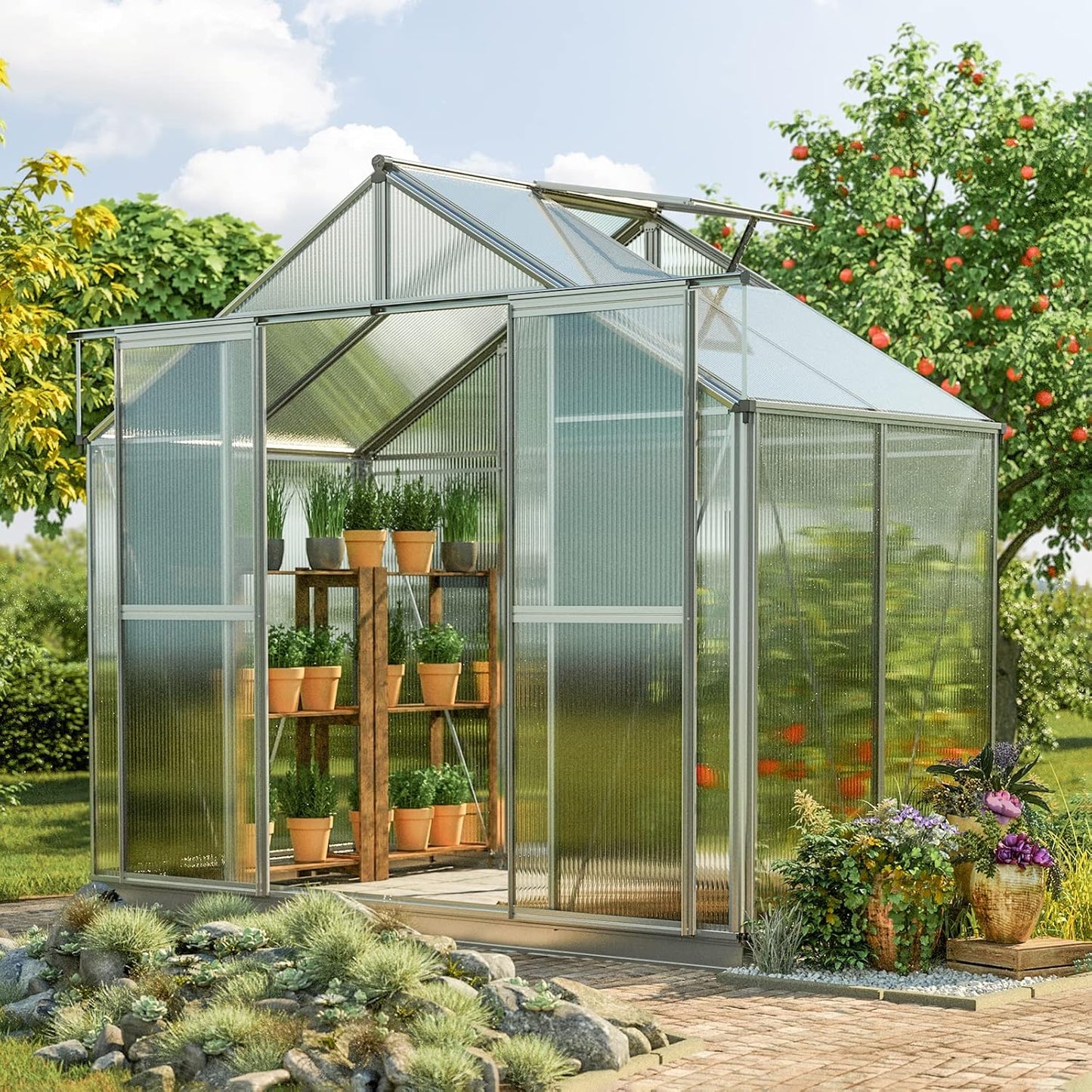 Greenhouse Topas 2 Aluminum Frame 7.4 x 4.4 ft Approx. 8 mm Polycarbonate Panels - with Bonus Base Frame and Automatic Vent Opener