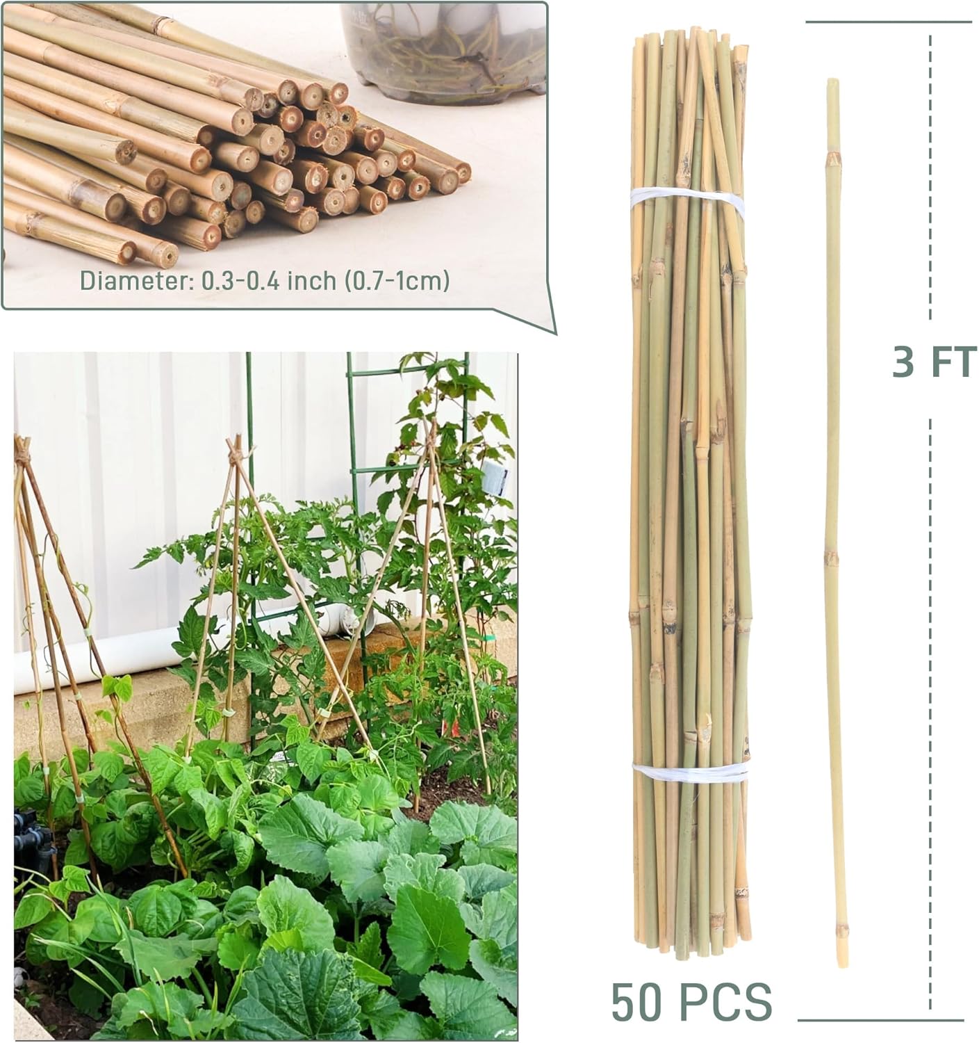50Pcs / 3ft Bamboo Plant Stakes for Indoor Outdoor Plants, Garden Plant Support Sticks, Poles for Tomato Vegetables Beans Trees Potted Climbing Plants(0.32''-0.4'')