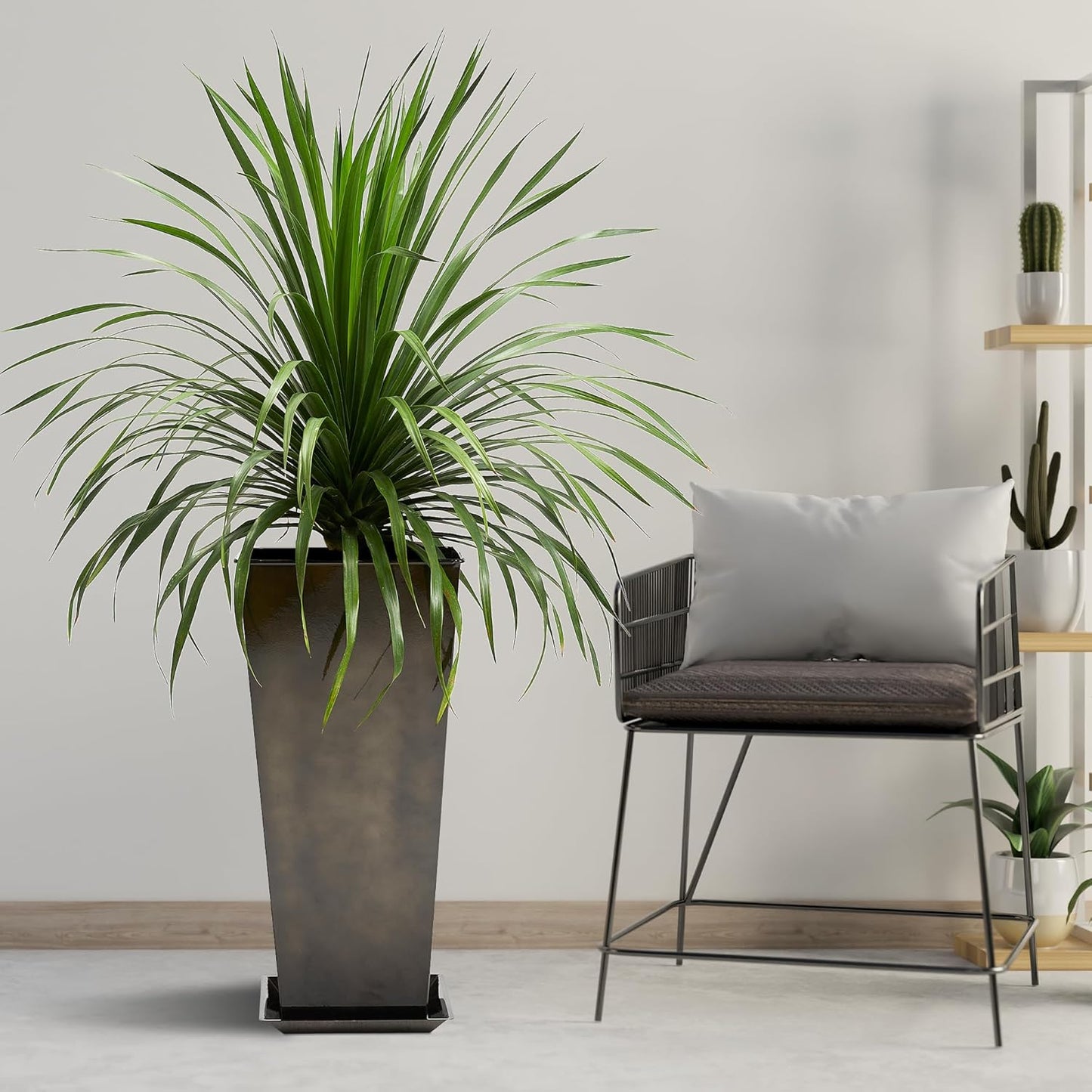 KOL 25''H. Bright Glazed Planter with Drainage Hole, Set of 2, Tall Galvanized Steel Planter Pots with Saucer for Indoor & Outdoor Use, Decorative Flower Plant Pots for Porch, Patio, Deck - Black