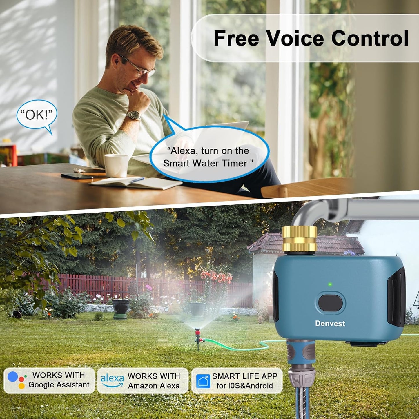 WiFi Water Timer with Brass Inlet, 1 Zone Smart Sprinkler Timer for Garden Hose Faucet, Hose Timers with WiFi Hub, Up to 20 Watering Plans, APP & Voice Control, Compatible with Alexa