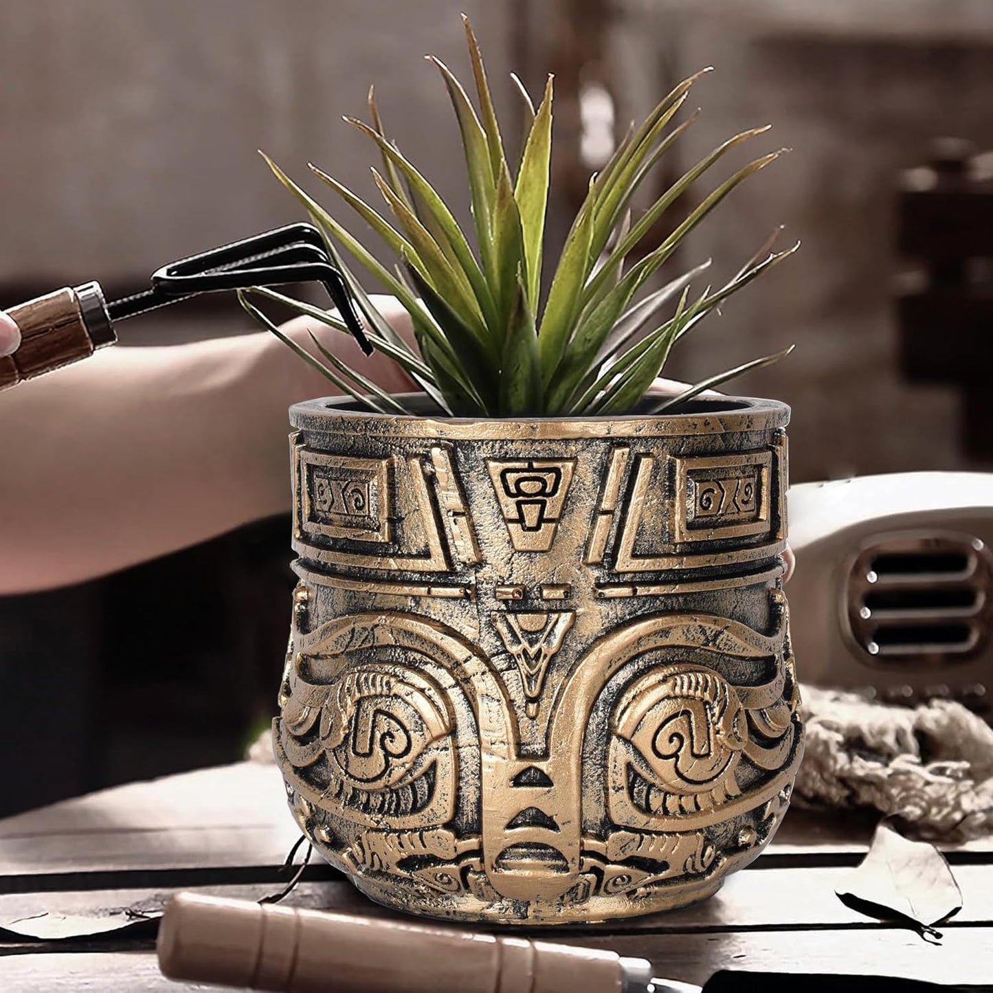Tribal Vintage Face Planter,Lightweight Unique Plant Pots with Drainage,Eclectic Small Succulent Flower Planters Pots for Outdoor&Indoor Plants,Funny Garden Pot for Room Decor(5.5in,Gold)