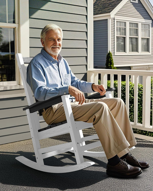 SERWALL Outdoor Rocking Chair, HDPE Rocking Chairs for Adult, All Weather Porch Rockers for Lawn Garden, Gray & White