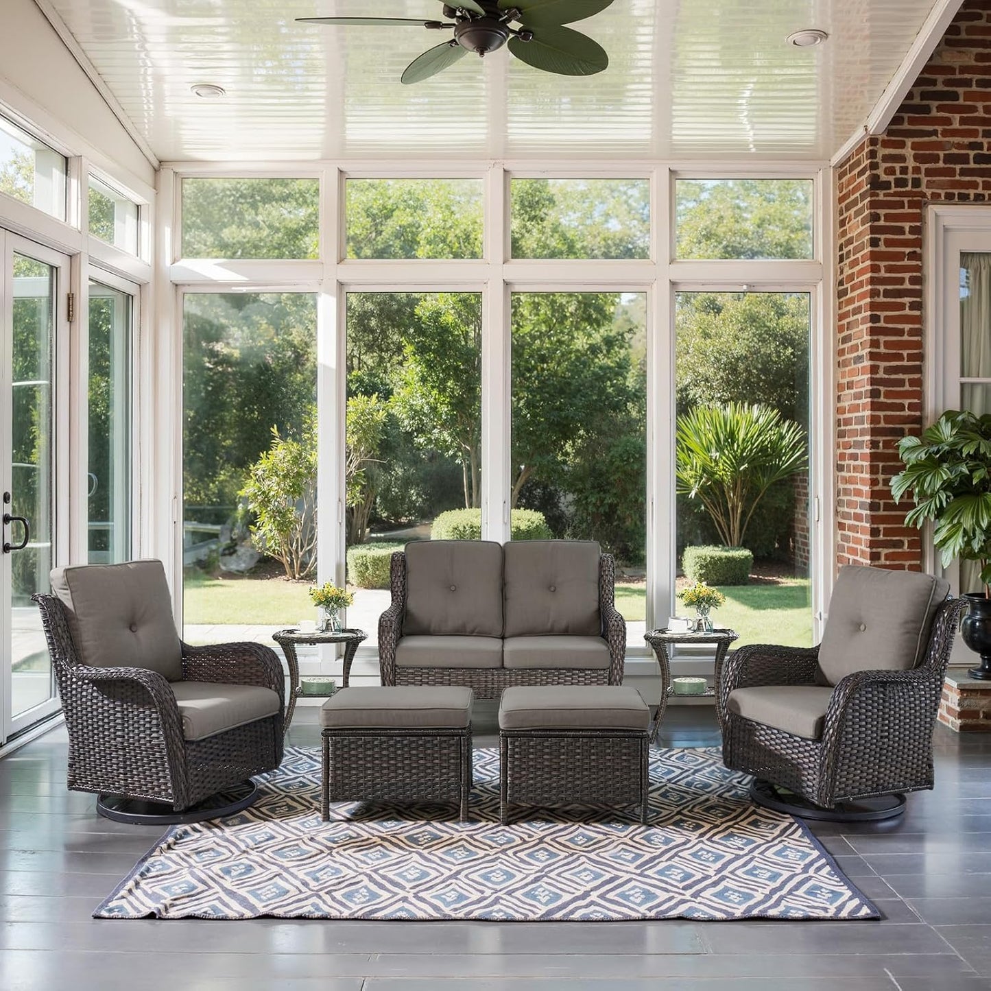 Outdoor Patio Furniture Set - 7 Piece Brown Wicker Conversation Patio Furniture Set All Weather Swivel Chairs with Ottoman and Loveseat Glider Chair for Deck Balcony Backyard