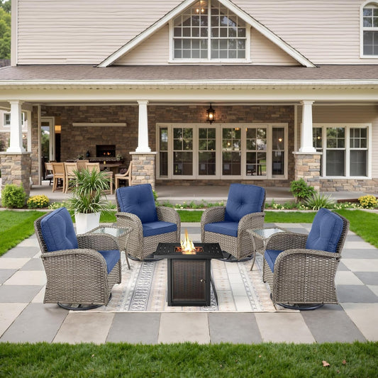 7 Pieces Patio Furniture Set with Fire Pit Table - 4 Outdoor Swivel Rocker Chairs with 50000BTU Propane Fire Table and 2 Side Table, Outdoor Conversation Set for Casual Gathering Gray