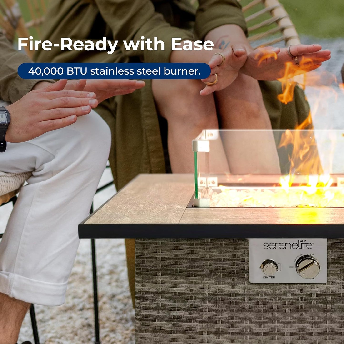 SereneLife Outdoor Propane Fire Pit Table - CSA/ETL Certified Safe 50,000 BTU Pulse Ignition Weatherproof Square Wicker Propane Gas Fire Table w/Tile Tabletop Adjustable Flame - Glass Rocks