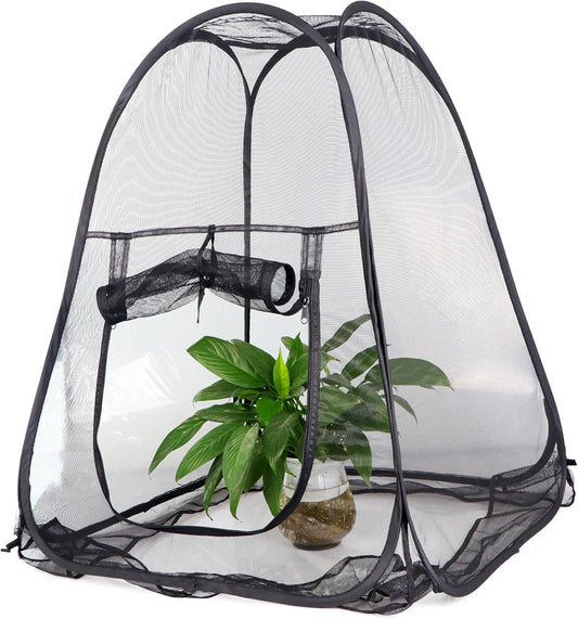 RESTCLOUD Mesh Plant Cover from Animals, Plant Netting Pest Guard Cover, Plant Tent Cage Pop-up with 4 Stakes for Vegetables, Fruits, Flowers (Black, 36 x 36 x 39 Inches)