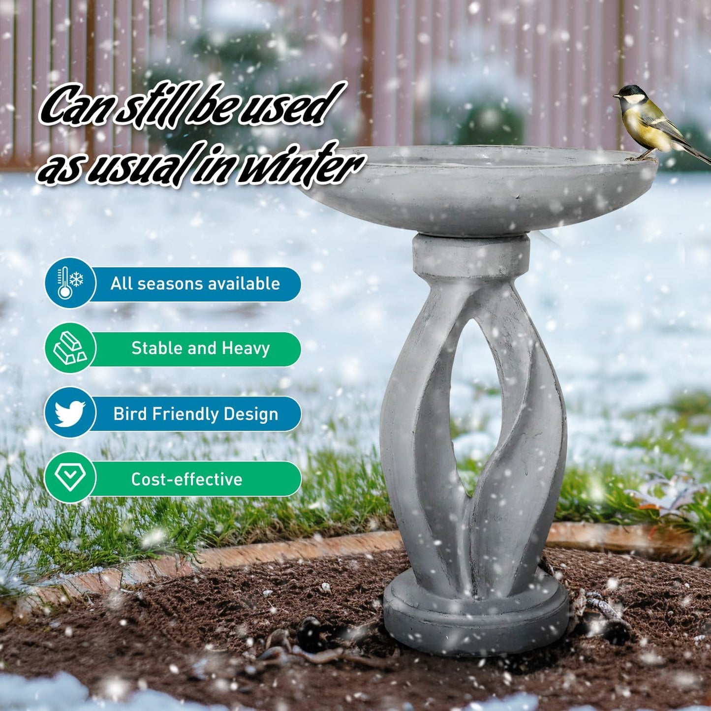 SunJet 21.8 Inch Heigh Modern Concrete Bird Bath – Sleek & Minimalist Design, birdbath Sturdy & Elegant, Enhances Garden, Patio, Yard, Lawn Décor