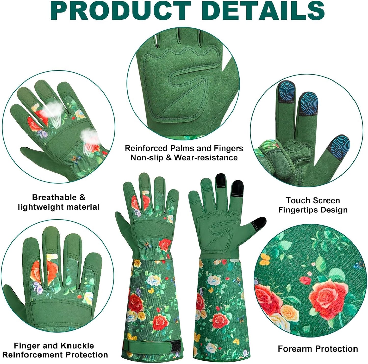 DLY Gardening Gloves,Leather Rose Gloves,Women's Long Glove for Gardening Work and Yard Work,Durable and Comfortable(Small, Green