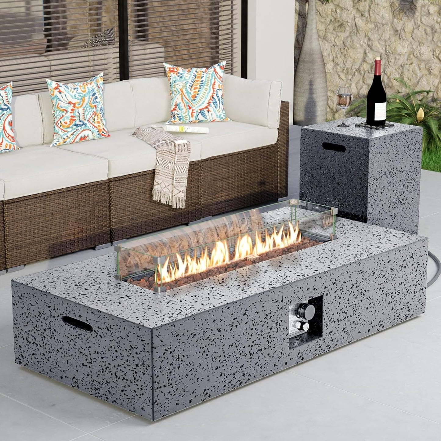 COSIEST 56 x 28 inch Outdoor Propane Fire Pit Coffee Table w Concrete Rectangle Base, CSA Certified, 50,000 BTU, Free Lava Rocks and RainCover, Fits 20lb Tank Outside, Wind Guard, Tank Cover, Gray
