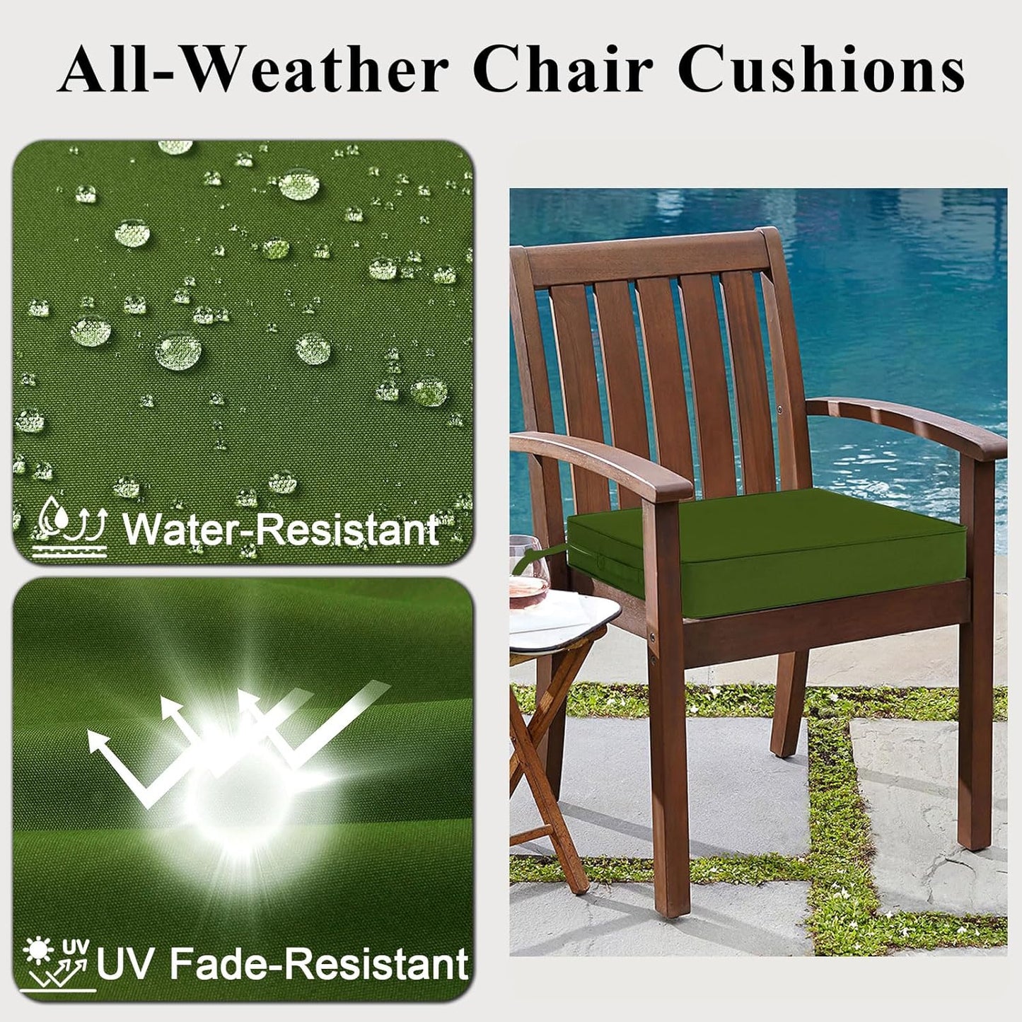 Outdoor Chair Cushions Set of 2 for Patio Furniture 18.5x16x3 Inch Waterproof Patio Chair Cushion 3 Year Color Fastness Rectangle Elastic Foam Garden Couch Pads with Ties and Handle,Green