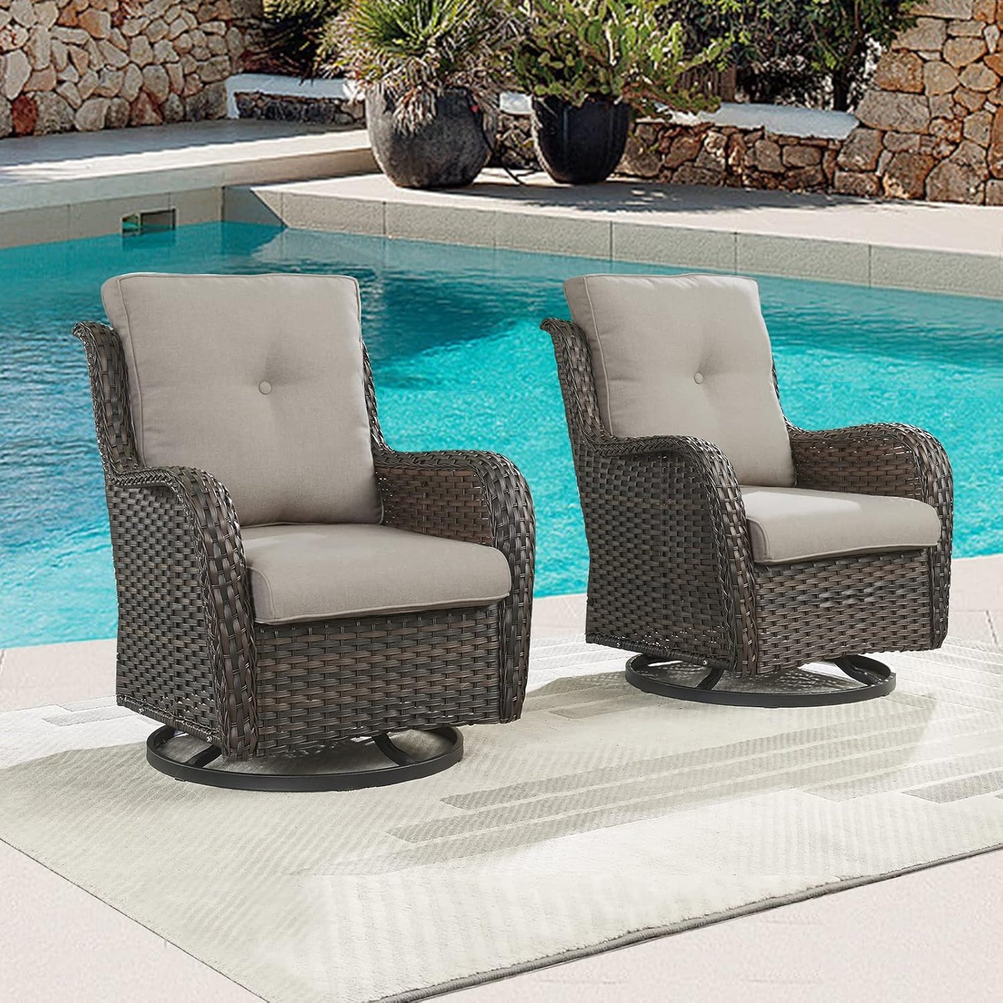 Outdoor Patio Swivel Rocker Chairs - Single Wicker Rattan Patio Swivel Rocking Chair with High Back,Deep Seating and Comfort Cushions for Deck Porch Garden,Brown/Grey