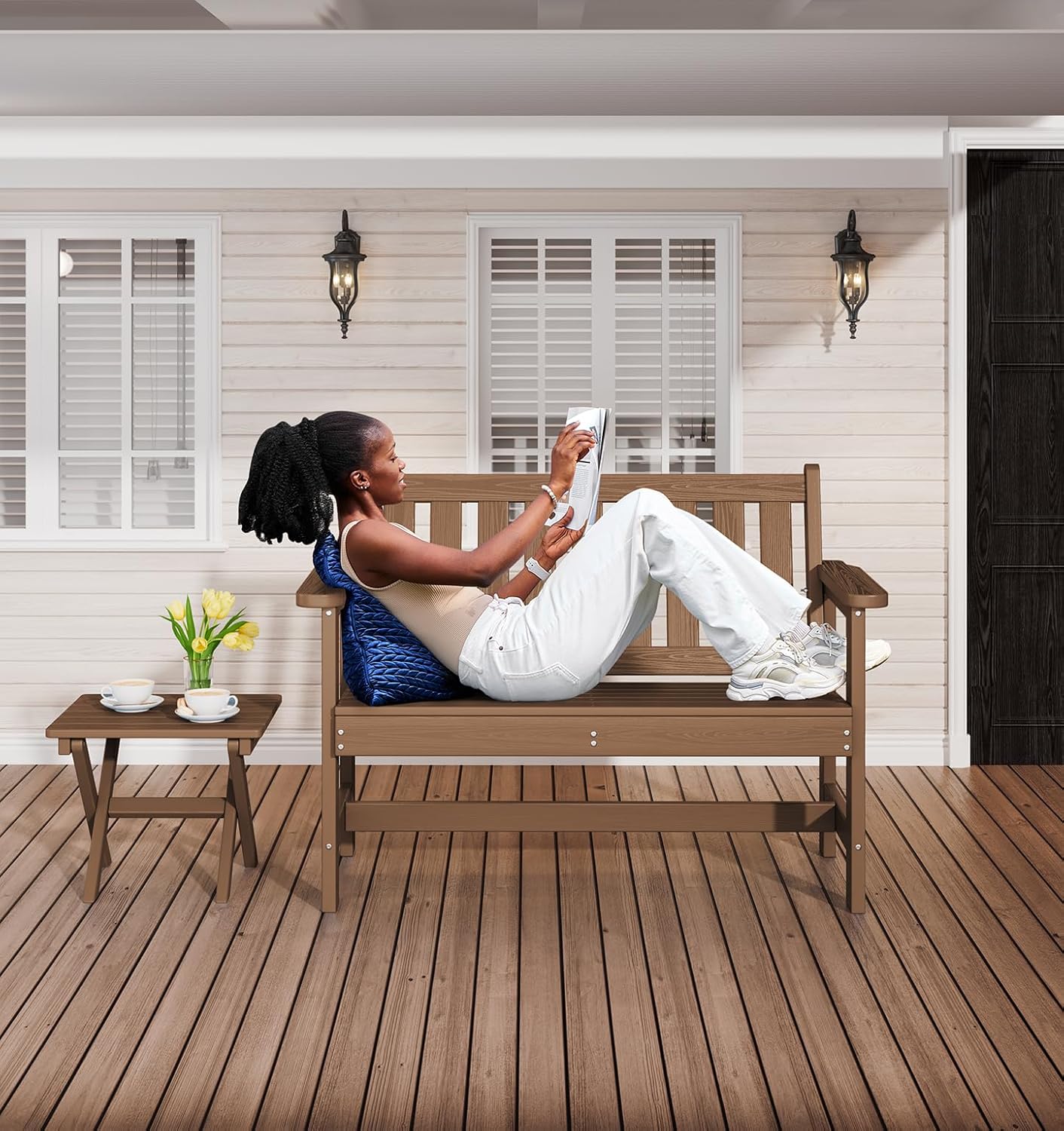 SERWALL Outdoor Bench, HDPE Outdoor Benches Weatherproof, 2-Person Garden Bench with 660 lbs Weight Capacity, Patio Benches for Outdoors, Garden, Porch, Backyard and Park, Brown