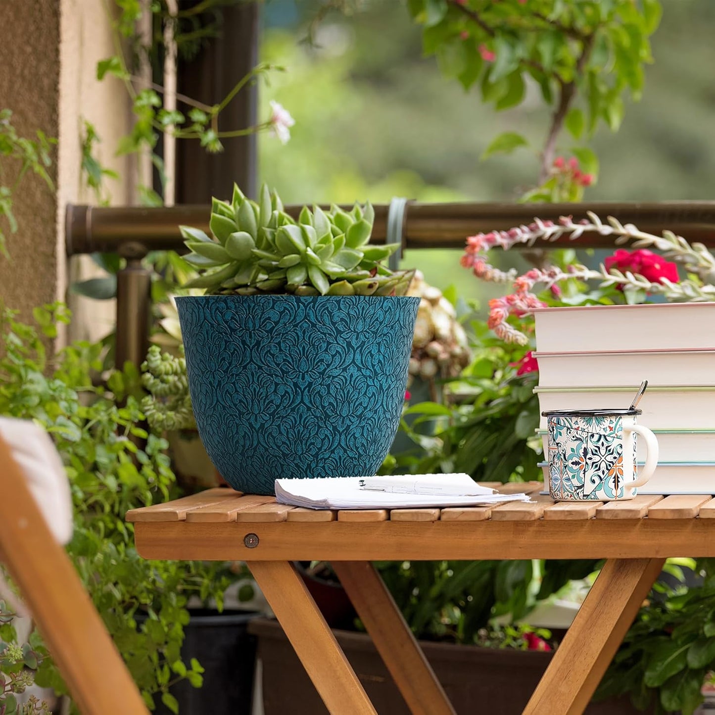 Worth Garden Plastic Round 8" Plant Pots for Indoor Plants - Set of 6 Multicolor Small Flower Pots W/Drainage Hole and Rubber Plug - Home Christmas Decorative planters Retro Floral Pattern