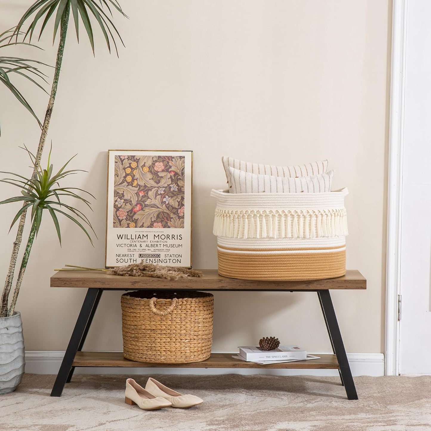 KAKAMAY Large Blanket Basket (20"x13"),Woven Baskets for storage Baby Laundry Hamper, Cotton Rope Blanket Basket for Living Room, Laundry, Nursery, Pillows, Baby Toy chest (Brown Fringe)