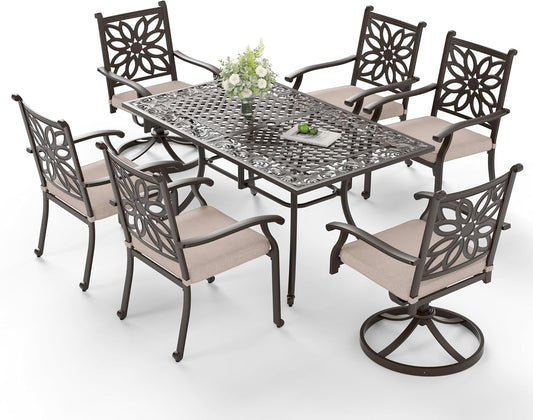 Sophia & William 7 Pieces Cast Aluminium Patio Dining Set for 6 People, Powder-Coating Outdoor Table and 4 Chairs & 2 Swivel Rocking Chairs, Outdoor Patio Table Set with 2.3" Umbrella Hole, Bronze