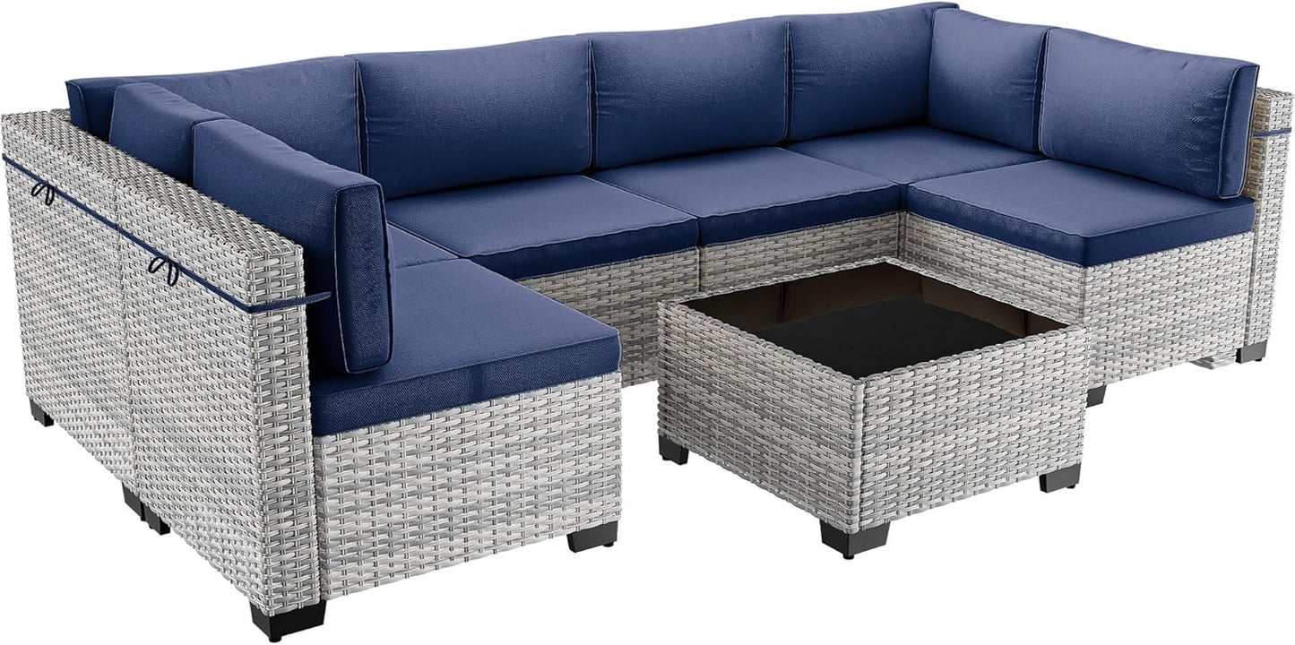 7-Piece Patio Furniture Set, Outdoor Sectional with Thick Cushions, Modular Patio Sofa, Dual-Strand Wicker Rattan, Rust-Resistant Frame, Backyard Furniture for Garden, Deck, Navy Blue