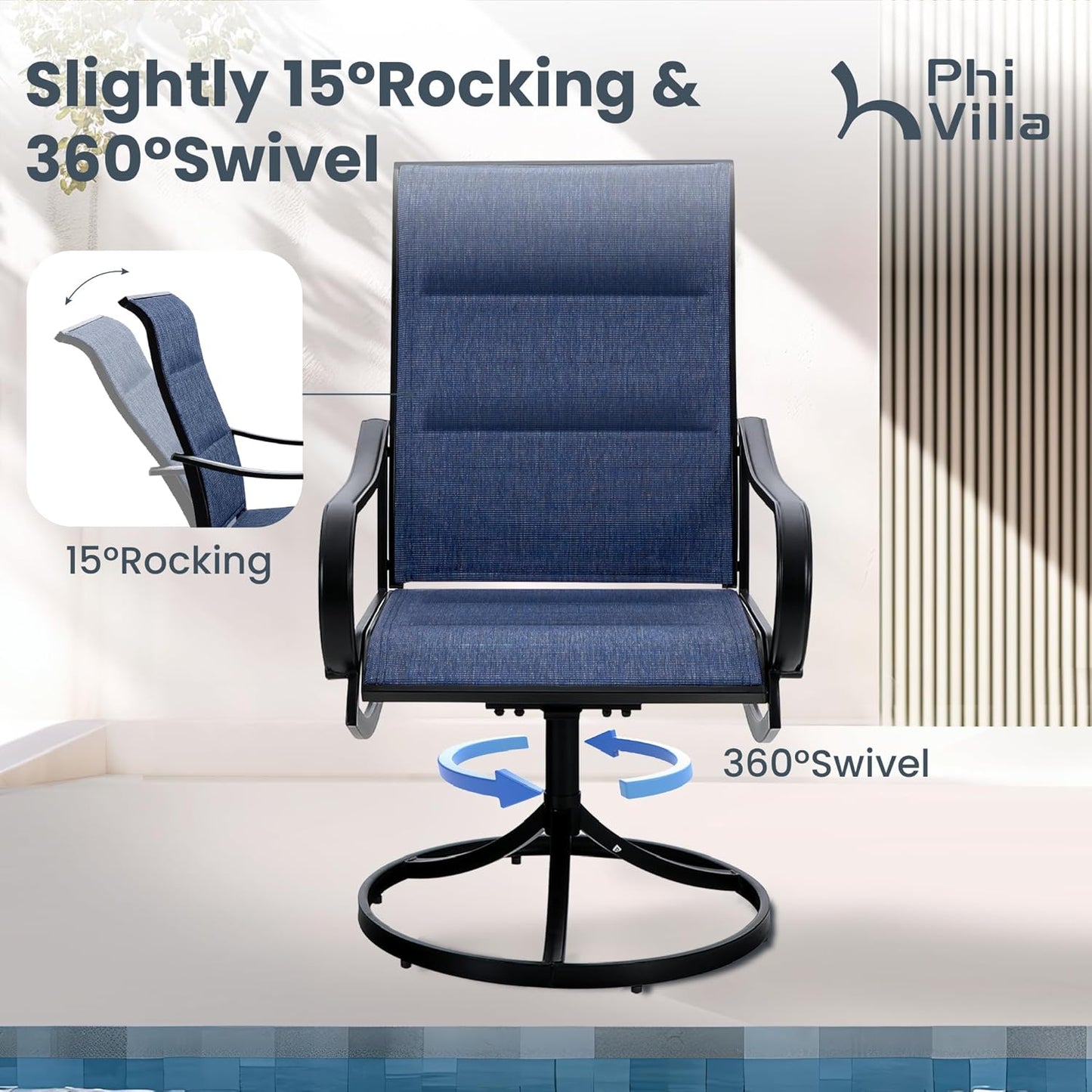 PHI VILLA Patio Swivel Dining Chairs Set of 6, All Weather Outdoor Chair with Padded Textilene & Black Metal Frame for Outdoor Lawn Garden Poolside (Blue)