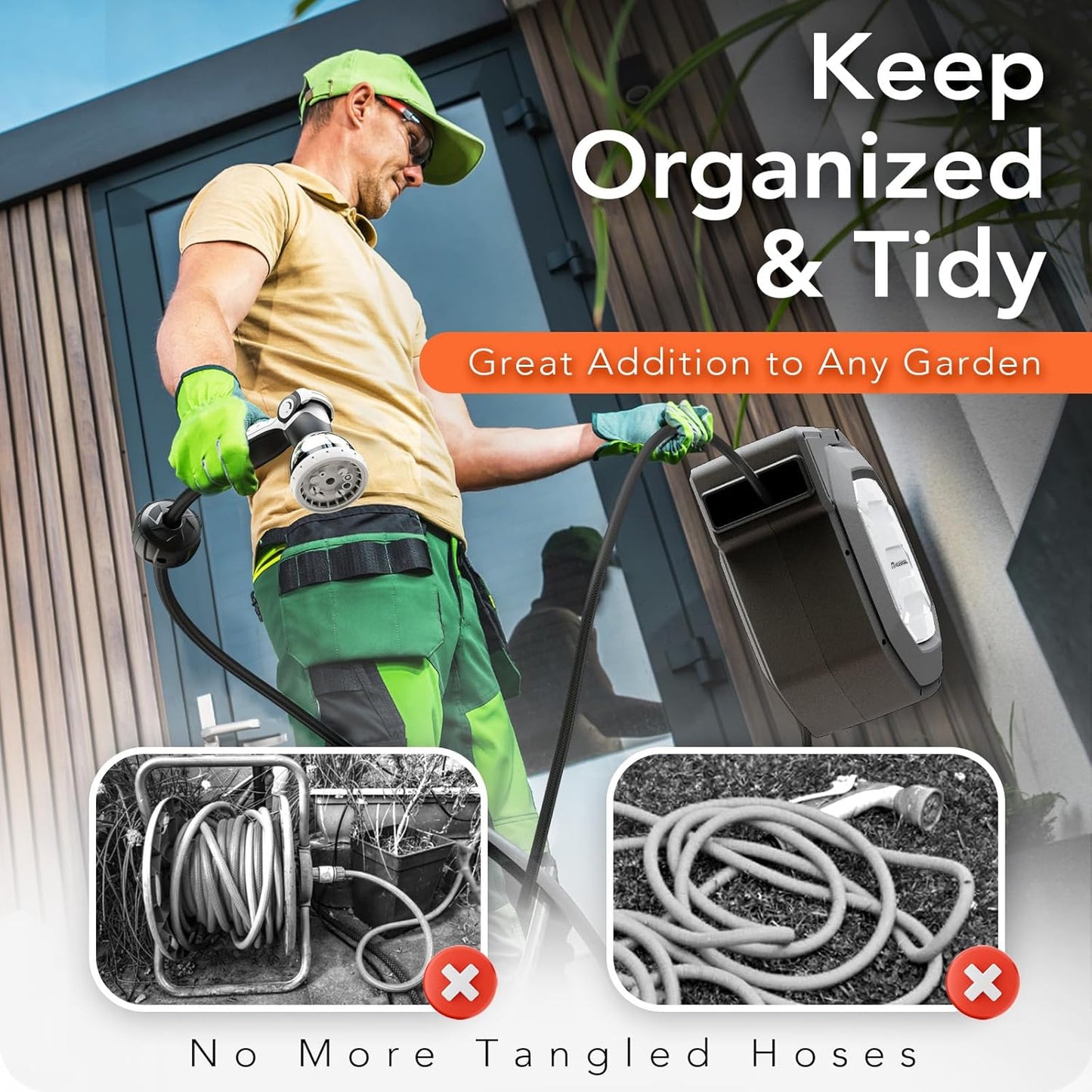 135 ft x 1/2" HOZEREEL Heavy Duty Retractable Garden Hose Reel, Garden Hose Reels Outdoor Organizer- Self Retracting Wall Mount Hose Reel Automatic Recoil Storage, Any Length Lock, 10 Pattern Nozzle